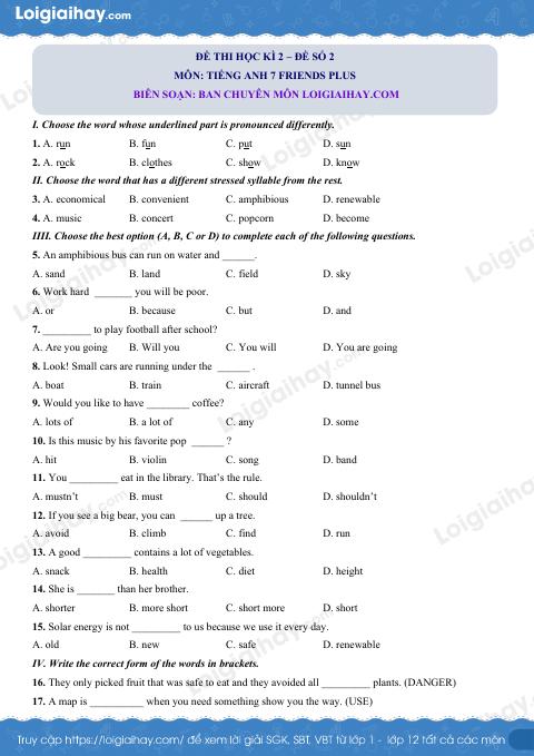 Đề thi học kì 2 Tiếng Anh 7 Friends Plus - Đề số 2